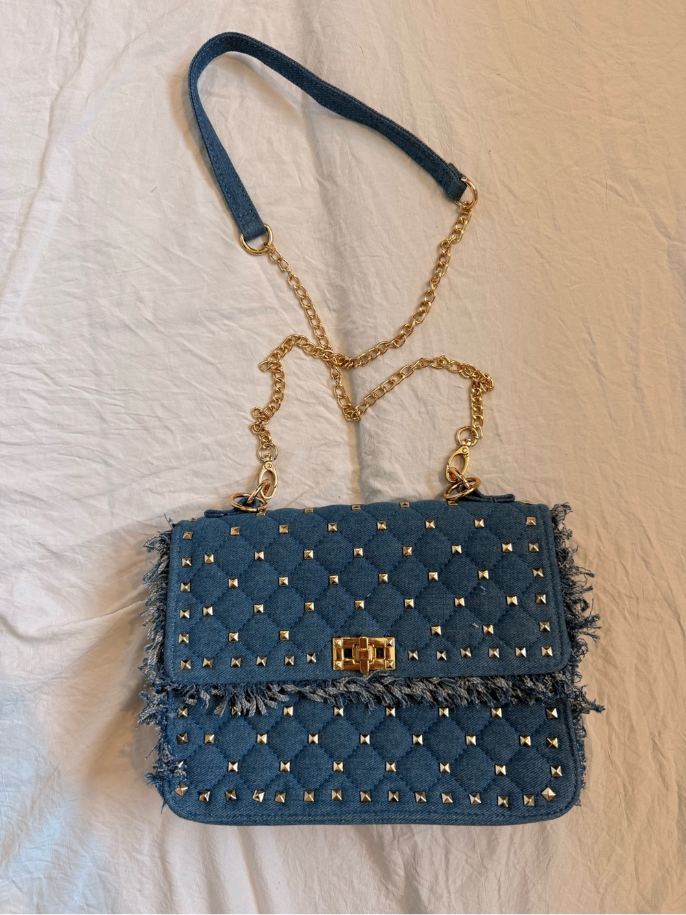 Quilted Blue Denim Crossbody Bag with Gold Chain